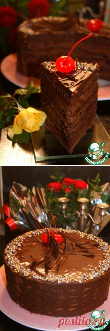 Торт &quot;Марчелло&quot; 
=Коржи:
Яйцо куриное — 7 шт
Мука пшеничная — 70 г
Какао-порошок — 50 г
Сахар — 180 г
Крахмал кукурузный — 40 г
Шоколад темный ((натереть )) — 80 г
=Крем:
Масло сливочное — 250 г
Сахарная пудра — 3 ст. л.
Шоколад темный — 250 г
Молоко — 125 г
Вишня (в собственном соку(свежая или мороженая)) — 400 г
=Глазурь:
Шоколад темный — 70 г
Сливки (30-35%) — 70 г
=Сироп:
Сок ягодный (от вишни) — 100 мл
Ликер (Вишневый) — 2 ст. л.
=Декор:
Шоколад темный — 75 г