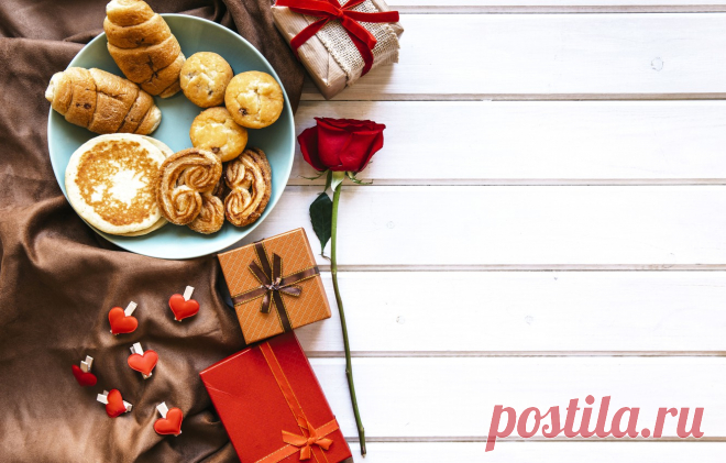 Обои праздник, роза, завтрак, подарки, сердечки, love, wood, выпечка, valentines картинки на рабочий стол, раздел праздники - скачать