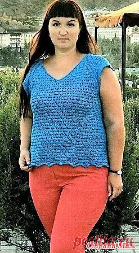 Топ\реглан цвета индиго. Крючок. Вязаная одежда для солидных дам №2 2019.