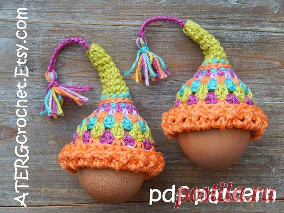 Crochet pattern EGG-COZY 'fairy hat' by ATERGcrochet EVERY EGG IS LONGING TO WEAR THIS FAIRY HAT!  The crochet pattern is a step by step tutorial in English (US terms) completed with detailed pictures.  Yarn: fingering weight cotton Yarn brand: smc Catania from Schachenmayr Crochet hook: C / 2.5mm Measurements: 3.5 x 3 in / 9 x 8 cm  The pattern is the base, the fun part for you to make your own colorcombo.  Crochet level: for all crochet lovers who are acquainted with the...
