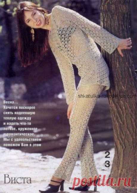 Летний брючный костюм крючком. Туника и брюки женский ажурный комплект | Шкатулка рукоделия