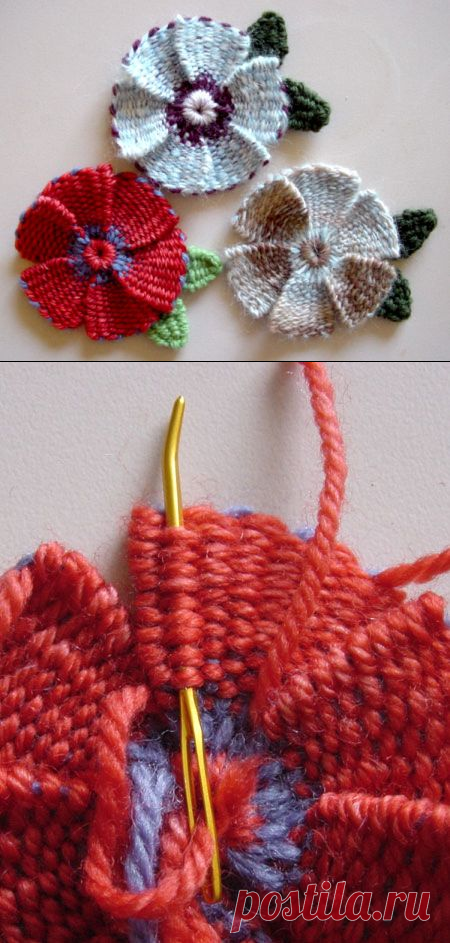 Плетеные цветы с лепестками и листьями »Knitting-and.com