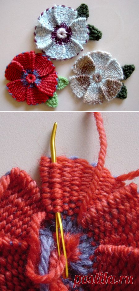 Плетеные цветы с лепестками и листьями »Knitting-and.com