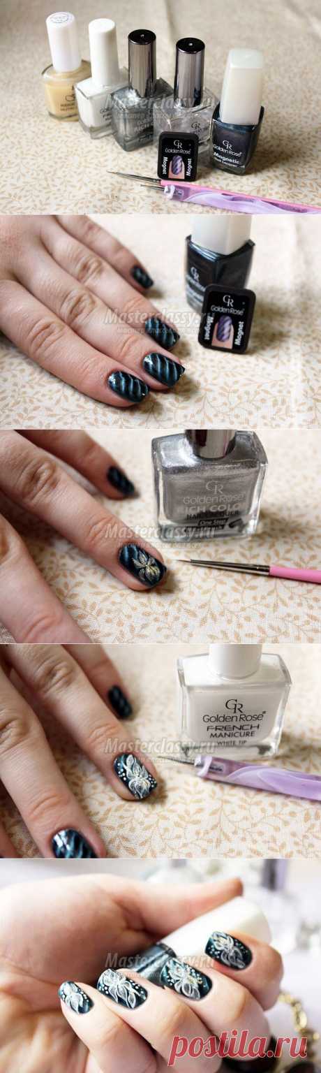 Мастер-класс по росписи ногтей. Маникюр «Абстрактные цветы на основе магнитного лака»