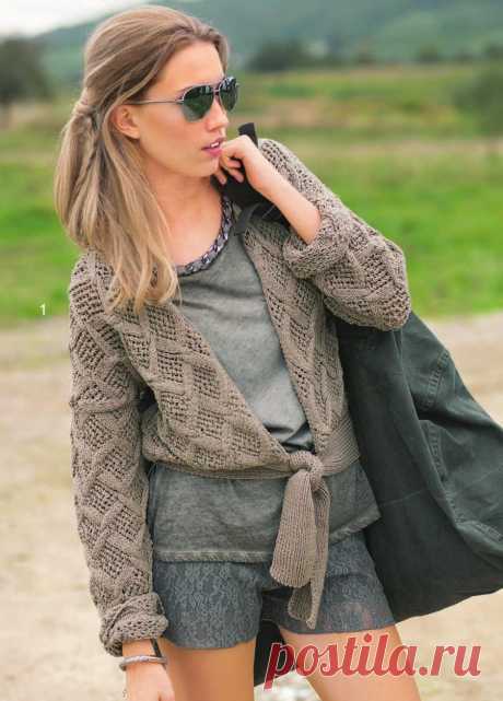 Кофта спицами с завязками. Жакет спицами в стиле милитари |