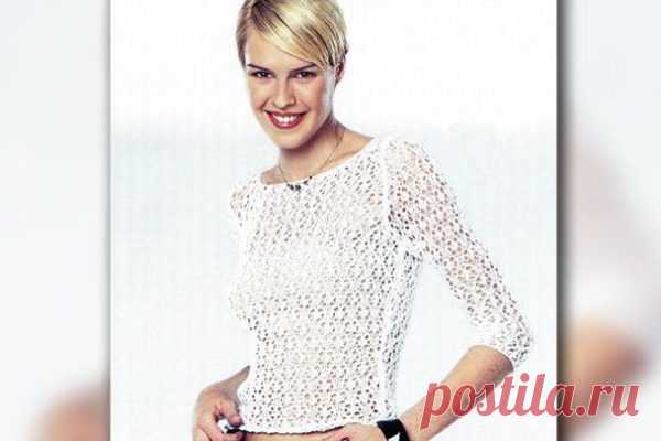 Нежный пуловер, легкий и невесомый, как летающая паутинка в бабье лето Нежный пуловер, легкий и невесомый, как летающая паутинка в бабье лето, станет вашим любимым нарядом.

 
Размер: XS
Чтобы связать изделие большего размера, выкройку следует увеличить на 2 см (2 см = 3 п. и 6 р.)
ВАМ ПОНАДОБИТСЯ

 	200 г белой  пряжи  (100% хлопок, 140 м/50 г);
 	спицы № 4,5.