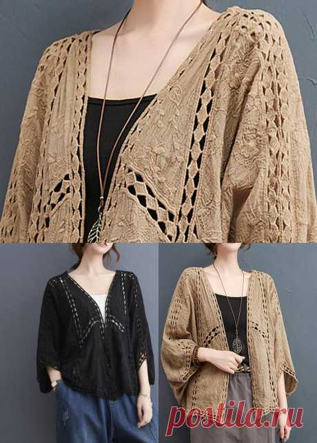 Light Khaki Loose Cardigan Hollow Out Batwing Sleeve – SooLinen