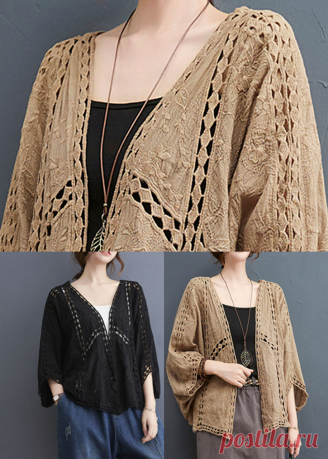 Light Khaki Loose Cardigan Hollow Out Batwing Sleeve – SooLinen