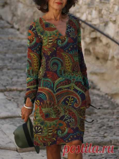 Vintage Floral Leaves Print V-neck Long Sleeve Ethnic Casual Dress - US$16.99