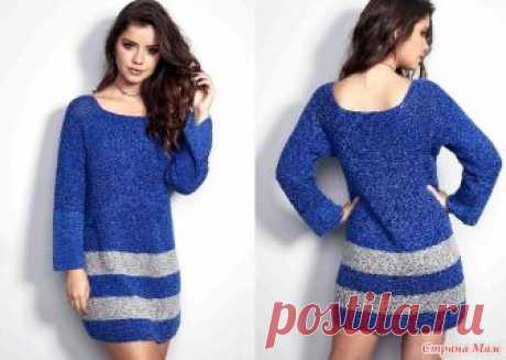 . Платье  Blue Glamour. Это изящное сине-серое платье с длинными рукавами вяжется очень просто и доступно даже начинающей мастерице. Платье вяжется от горловины единвм полотном.