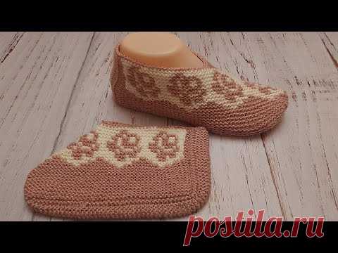 Тапочки-следки на двух спицах  (левый). ( 2 ЧАСТЬ )