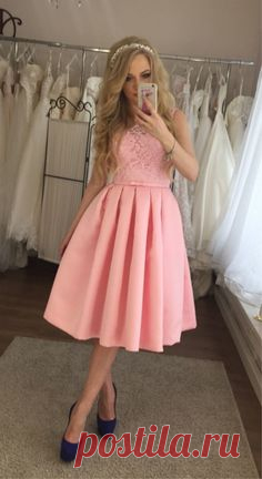 vintage a line pink lace homecoming dresses, tea length prom party dress, cheap hoco dress