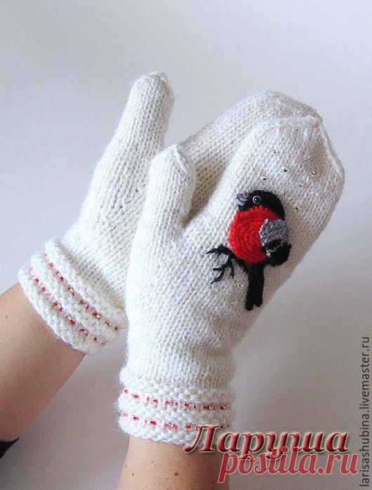 Купить Снегири. Варежки. - белый, рисунок, снегирь, снегири, варежки вязаные, варежки со снегирями