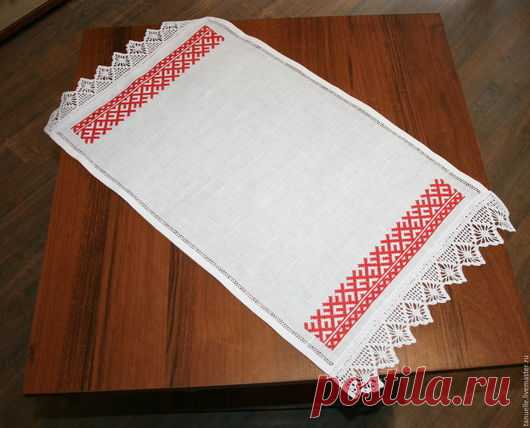 Купить Льняное полотенце с вышивкой и кружевом Русские узоры - белый, рушник, льняной рушник