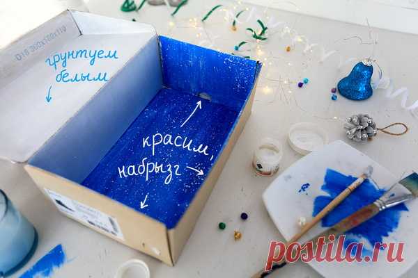Приступим! Коробку и откидывающуюся крышку грунтуем внутри белым акрилом. Когда первый слой подсохнет, красим дно коробки и три стенки синим цветом — как показано на фото. С помощью белой краски и кисточки (или зубной щетки) «разбрызгиванием» снег.