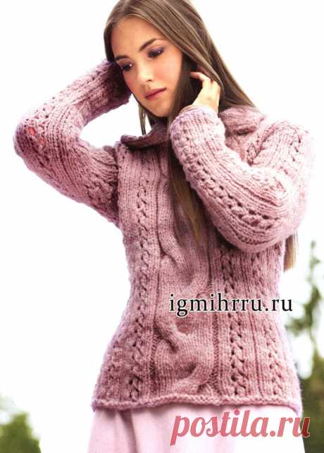 Тепло, женственно и немного небрежно! Узорчатый розовый пуловер с отложным воротником. Вязание спицами