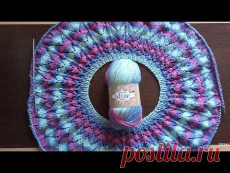 Кофта круглой кокеткой ажурным узором спицами 1 часть. Размер кофты 48- 50
