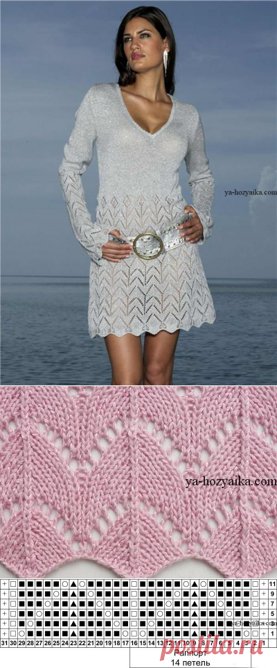 Платье спицами узором листья. Эффектное платье спицами схемы.