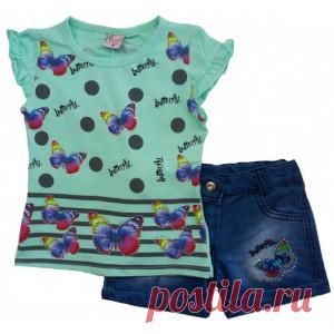 Комплект на девочку ментоловый с бабочками (шорты и футболка) – Цена 1341 руб. Купить в интернет-магазине детской одежды MiMi Kid