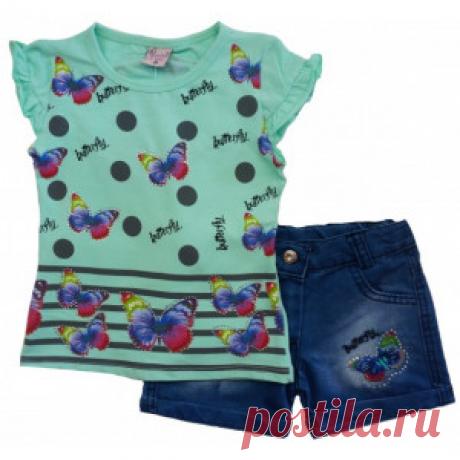 Комплект на девочку ментоловый с бабочками (шорты и футболка) – Цена 1341 руб. Купить в интернет-магазине детской одежды MiMi Kid