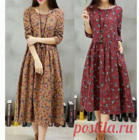 Retro Womens Loose Floral Long Robe Cotton Linen Ethinic Dress Tops Coats F353