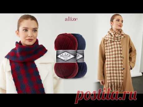 Вязаный шарф в клетку с пряжей Alize Superlana Maxi