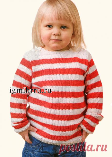 Для девочки 2-10 лет. Пуловер в красно-белую полоску. Вязание спицами для детей