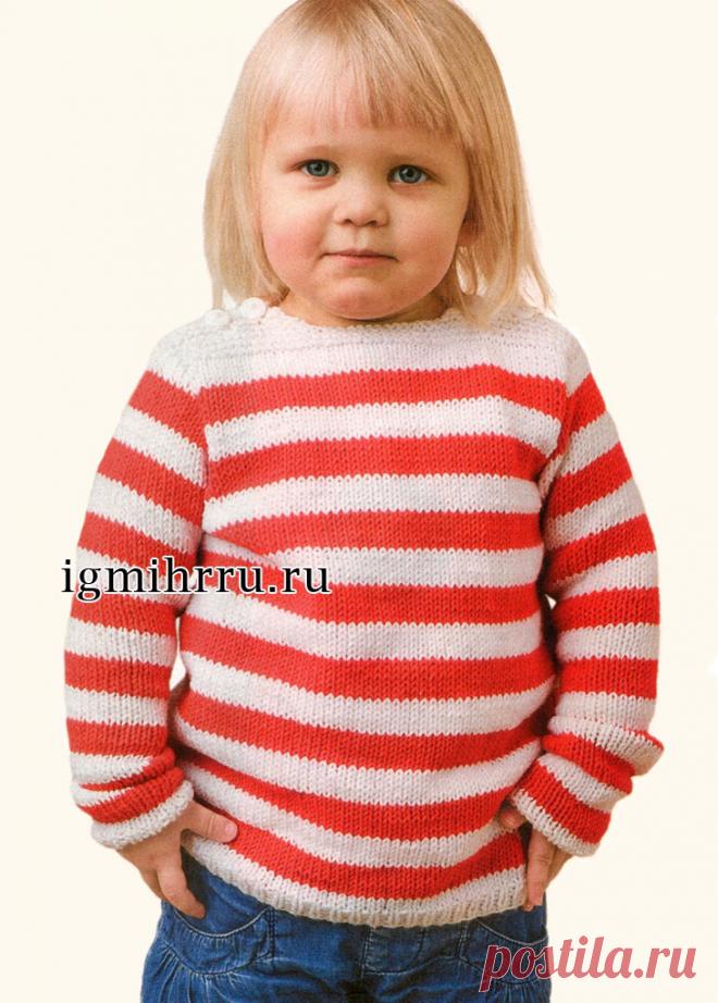 Для девочки 2-10 лет. Пуловер в красно-белую полоску. Вязание спицами для детей