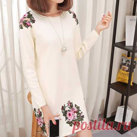 Плюс Размеры XL, XXL, XXXL Мода 2017 Осенне зимняя Дамская обувь Новое вязаное платье с длинными рукавами и цветочным принтом Вышивка мини Платья свитеры 1433 купить на AliExpress