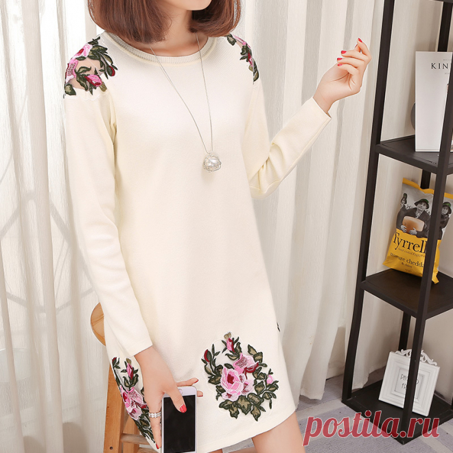 Плюс Размеры XL, XXL, XXXL Мода 2017 Осенне зимняя Дамская обувь Новое вязаное платье с длинными рукавами и цветочным принтом Вышивка мини Платья свитеры 1433 купить на AliExpress