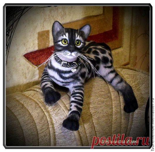 Купить Бенгальский котик. игрушка из шерсти и ниток мохер. - чёрно-белый, бенгальский кот, котенок