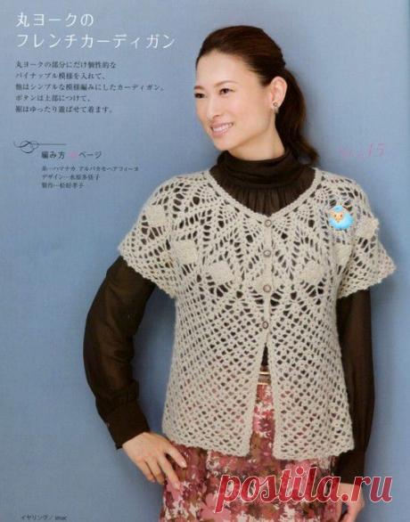 АЖУРНЫЙ ЖАКЕТИК С КРУГЛОЙ КОКЕТКОЙ.