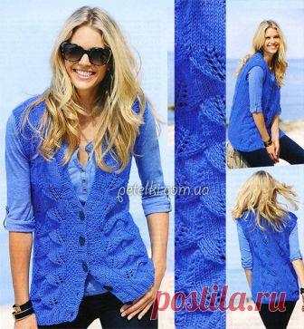 Жилет узором Листочки спицами. Описание, схема вязания