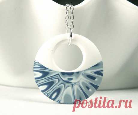 Polymer Clay Pendant featuring Abstract Blue Flower and White Design