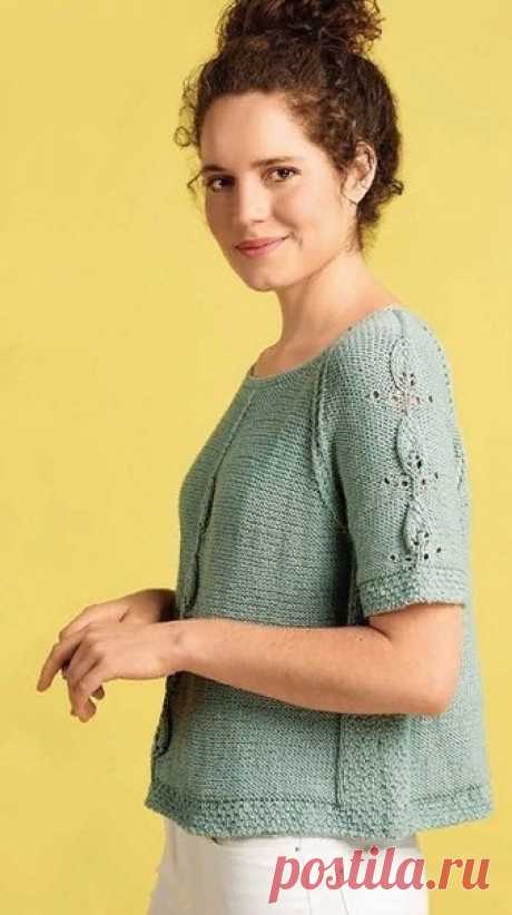 Летняя кофточка реглан с листьями от Pat Menchini
Вязали так же? Поделитесь в комментариях. 
#джемпер_женский@uzor_spicami

Размеры: 
4-6 (8-10, 12-14, 16-18, 20-22, 24-26) 
Окружность груди – 76-81 (86-91, 97-102, 107-112, 117-122, 127-132) см, 
Окружность груди готового изделия – 94 (105, 114, 125, 134, 145) см, 
Длина по центру спинки – 45 (47, 49, 51, 53, 55) см, 
Длина рукава – 11 см. 
Размеры:

4-6 (8-10, 12-14, 16-18, 20-22, 24-26)

Окружность груди – 76-81 (86-91, ...