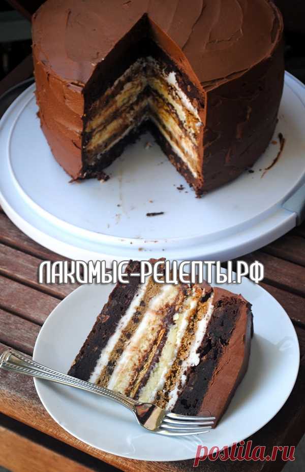 Семислойный торт (брауни, чизкейк, глазурь...).