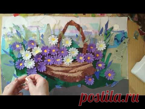 КОРЗИНА С ЦВЕТАМИ в технике ТЕКСТИЛЬНАЯ ПИЦЦА/ РАСКЛАДКА/  панно из ткани/лоскутная техника (2)