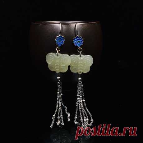Hetian Jade Butterfly Earrings-925 Silver Plated Beaded | Etsy