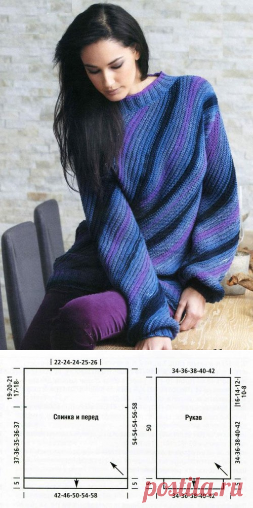 ​Женский пуловер вязаный спицами по диагонали.
