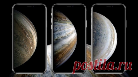 Красивые обои в стиле iPhone XS Изображения показывают планету Юпитер под разными углами с различными цветовыми фильтрами.