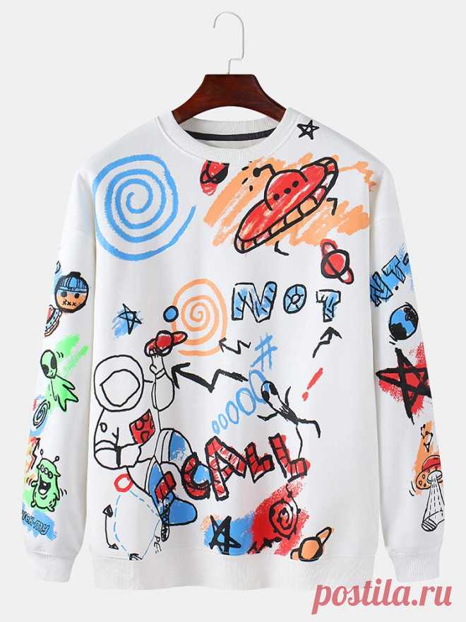 Mens Cotton Graffiti Astronaut Back Letter Print Crew Neck Casual Loose Sweatshi - US$31.99