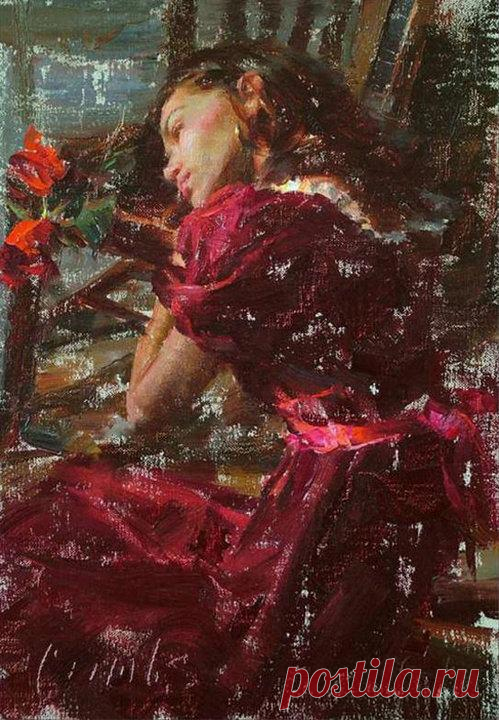 Художник Robert Coombs
ЖЕНЩИНА И ЦВЕТЫ 
У каждого есть цена
Океан у меня глубокий
Не волнуется напоказ
Феромоны.румянец.токи
Приключались уже не раз
Я не Снежная Королева
И сумела бы наугад.
Но едва поверну налево
Стрелки сердца идут назад.

Заблудились часы и стрелки
Мне бы в душу чуть-чуть огня
Только "бабочка-однодневка
Это тоже не про меня.
Под ногами скользит дорога
По которой иду одна
Испытаний довольно много
И у каждого есть цена
Где-то в сердце хранится карта