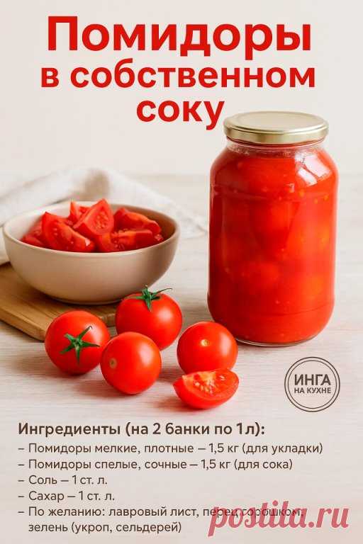 1. Готовим сок: сочные помидоры мою, режу на кусочки и пропускаю через мясорубку или блендер. Получившуюся массу довожу до кипения, варю 10–15 минут на слабом огне. Можно протереть через сито — тогда сок будет без кожицы и семян.
2. Подготавливаем банки: мелкие плотные помидоры мою и укладываю в стерилизованные банки доверху. По желанию добавляю специи.
3. Заливаем: в горячий томатный сок добавляю соль и сахар, размешиваю. Заливаю им помидоры в банках по сам...