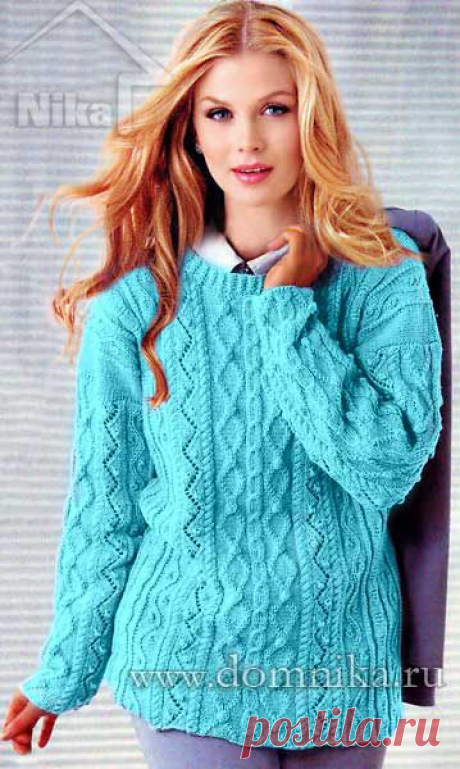 Женский свитер спицами - узор из кос и ромбов | Золотые Руки