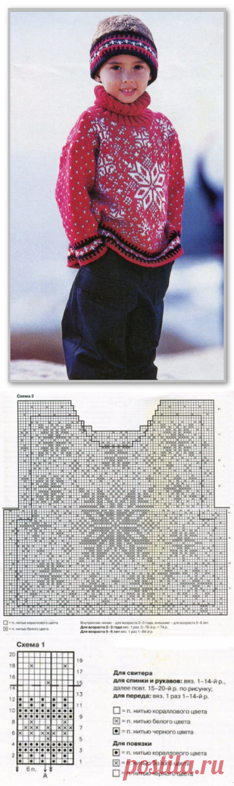 Вязание спицами для детей. Свитер с норвежскими звездами и повязка на голову, для мальчика 2-3 (5-6) лет