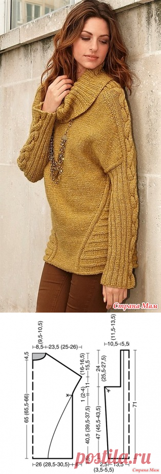 Удлиненный свитер с «косами» на рукавах и оригинальным силуэтом. Спицы. - ВЯЗАНАЯ МОДА+ ДЛЯ НЕМОДЕЛЬНЫХ ДАМ - Страна Мам