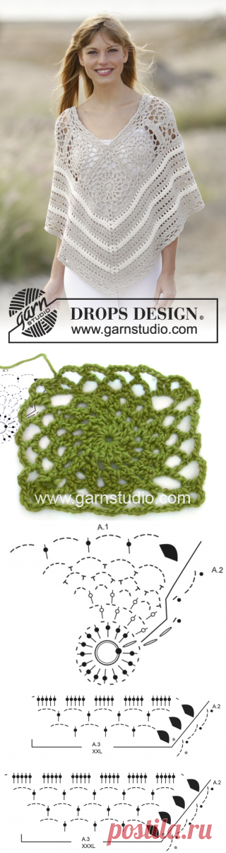 Sweet Martine - Crochet DROPS poncho with squares and lace pattern in ”Cotton Light”. The piece is worked top down. Size: S - XXXL. - Free pattern by DROPS Design