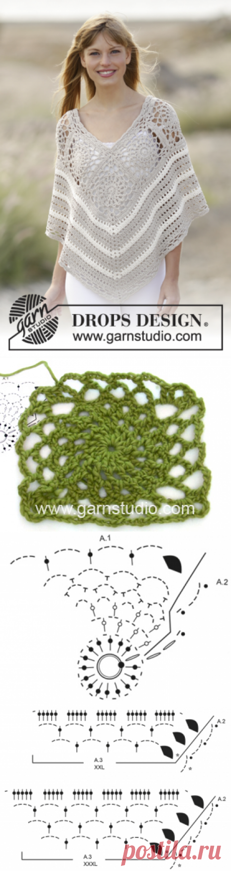 Sweet Martine - Crochet DROPS poncho with squares and lace pattern in ”Cotton Light”. The piece is worked top down. Size: S - XXXL. - Free pattern by DROPS Design