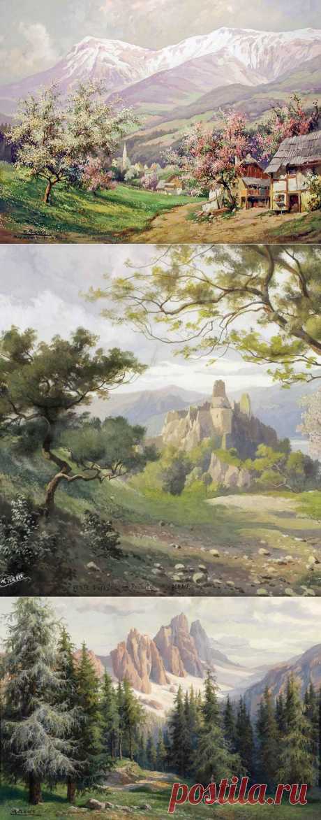Австрийский художник Karl Flieher(1881-1958) | Швейцарских Альп прекрасный вид – Гор снежных силуэты....