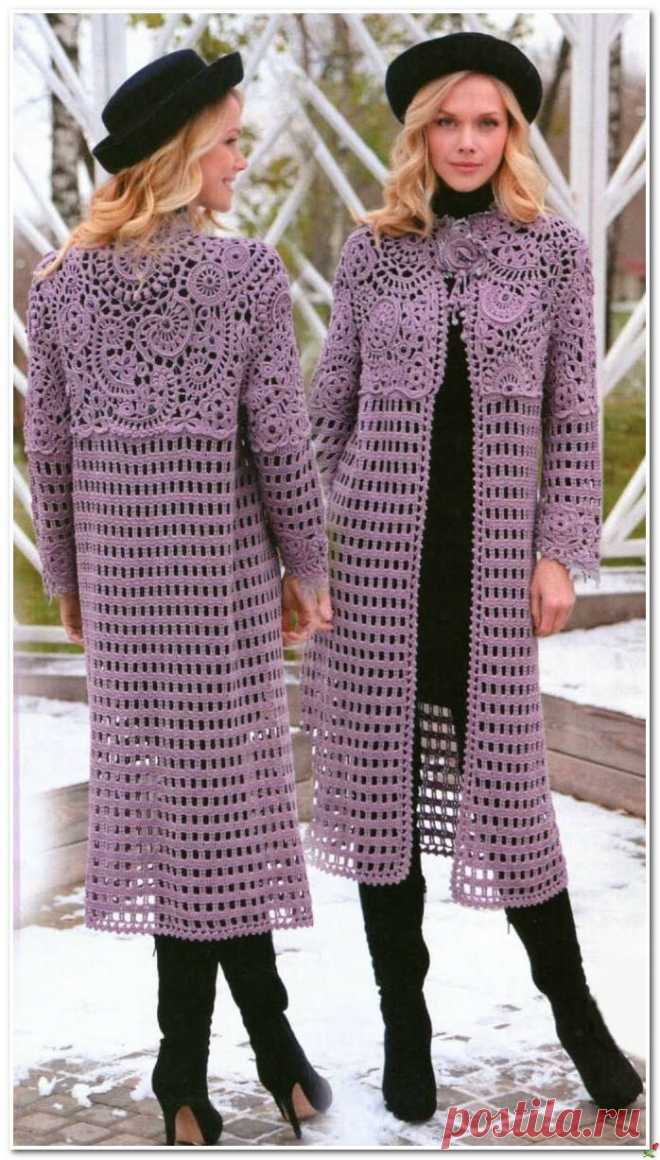Ажурный, длинный жакет крючком.